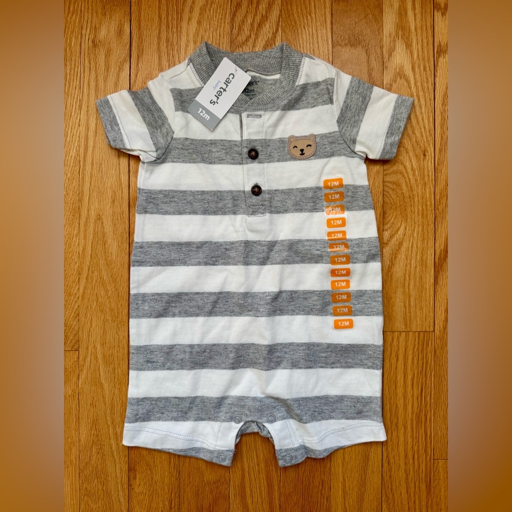 Carter's Baby Boy Gray and White Striped Romper with Bear Patch